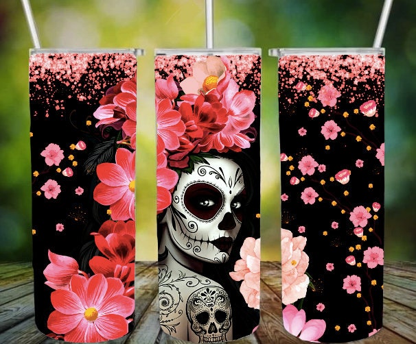 Mexicana, sexy Catrina, pink flowers 20oz Skinny Straight Tumbler