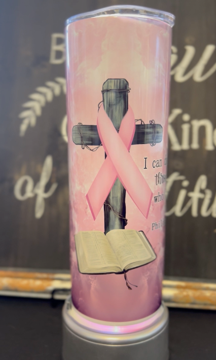 Breast Cancer Ribbon with Cross & Bible 20oz Skinny Straight Tumbler