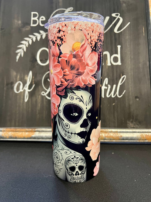 Mexicana, sexy Catrina, pink flowers 20oz Skinny Straight Tumbler